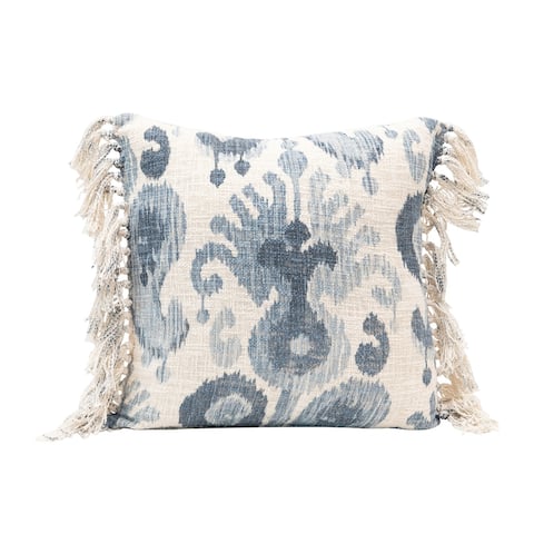 Stonewashed Woven Cotton Blend Pillow with Ikat Pattern & Tassels, Blue & Cream Color