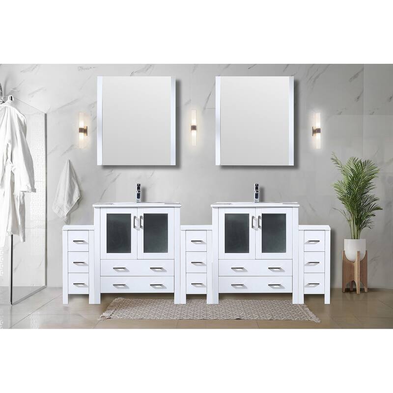 Volez Double Bath Vanity with Side Cabinets, White Ceramic Top, 28 in Mirrors and Faucet Set - 96