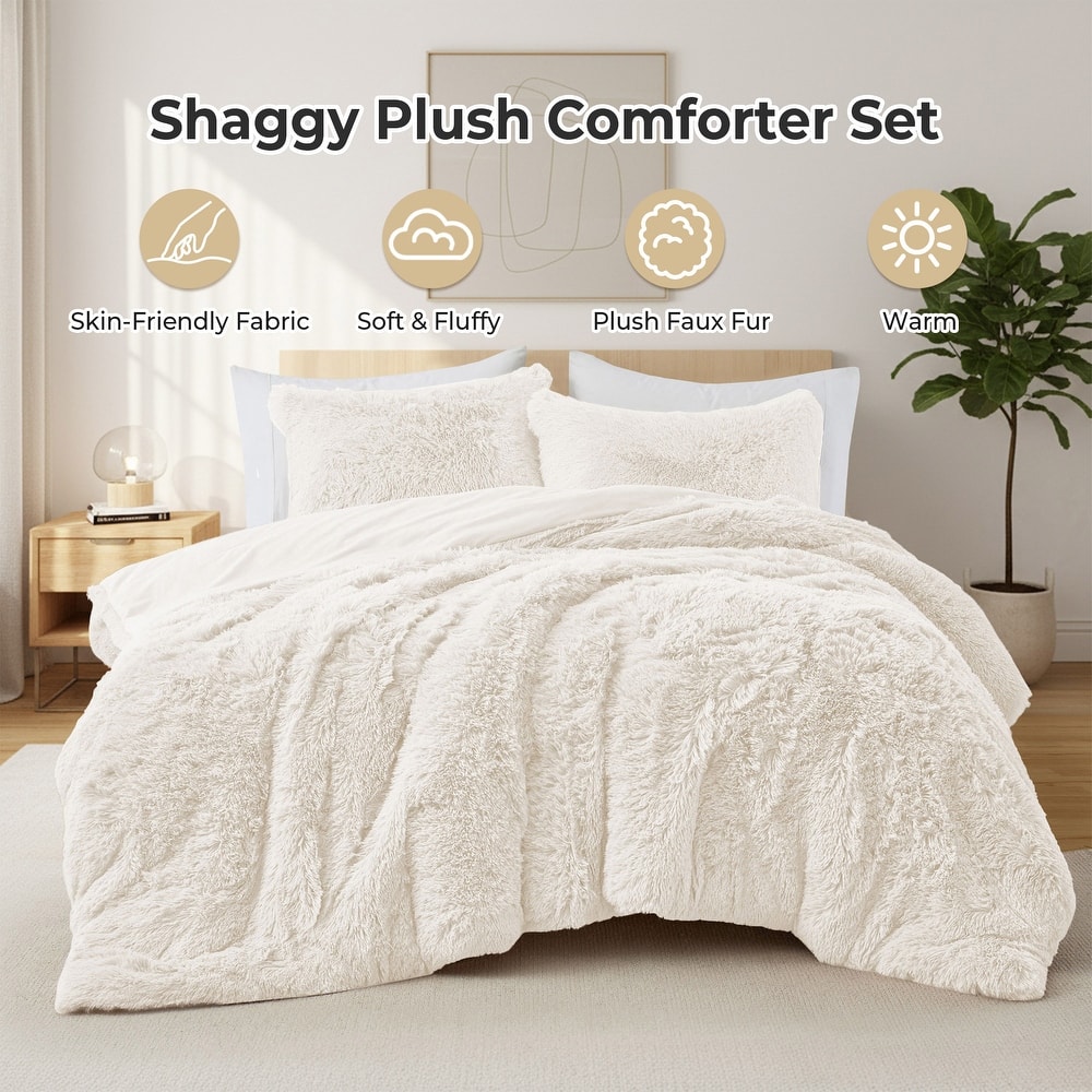 Fluffy Shaggy Reversible Faux Fur Comforter Set, Fuzzy Plush Bedding Set