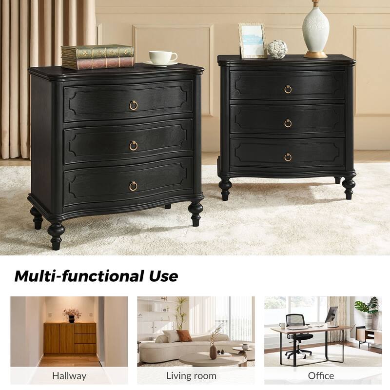 Alois Traditional 28''W 3-Drawer Curves End Table with Solid Wood Spindle Legs Set of 2 by HULALA HOME