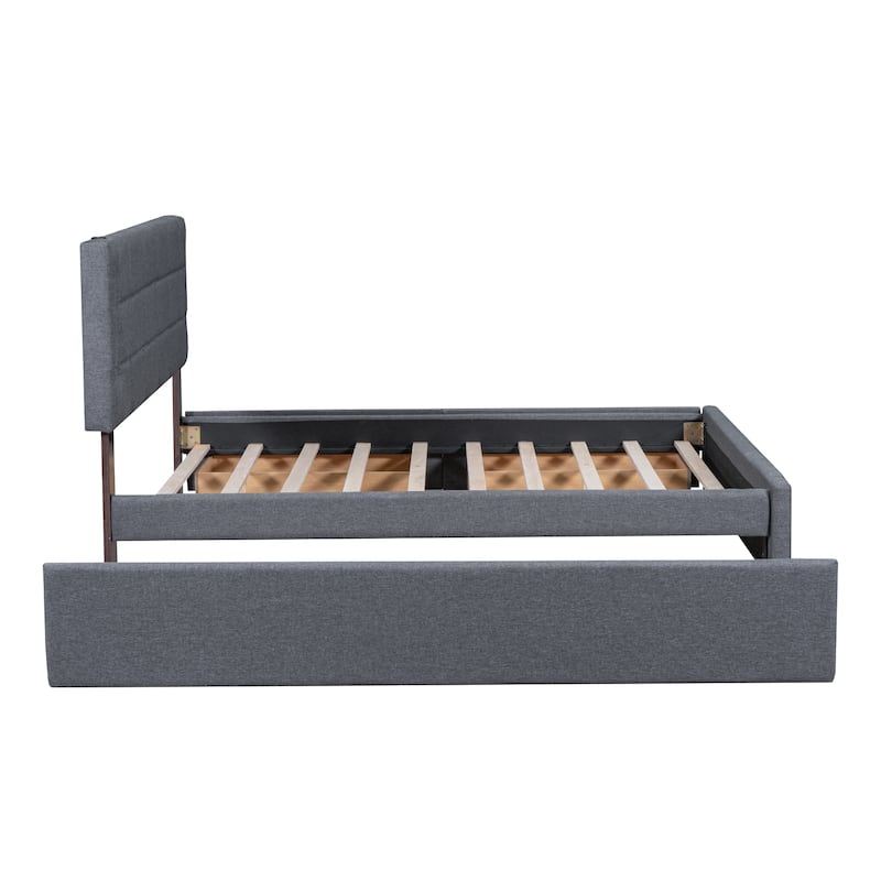 Queen Gray Plaid Upholstered Storage Frame w/Light Strip Headboard