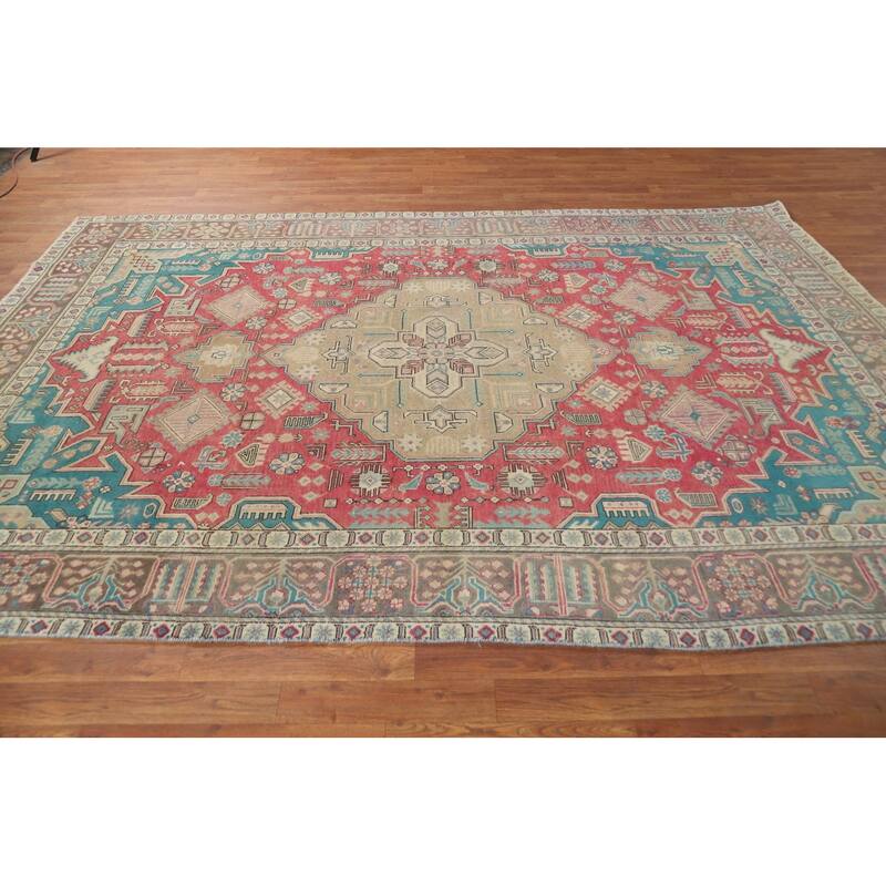 Pink Red Geometric Tabriz Persian Area Rug Hand-Knotted Wool Carpet - 6'6"x 9'10"