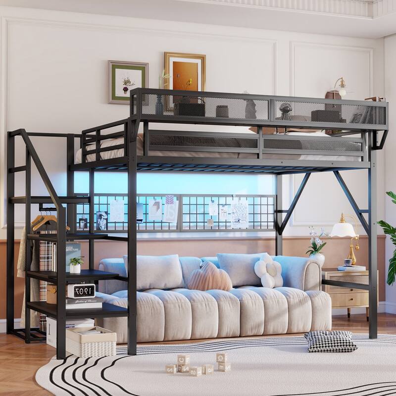 Queen/Full Loft Bed with Stairs, Storage & Wardrobe, Metal High Loft Bed with Lighting - Black - Queen