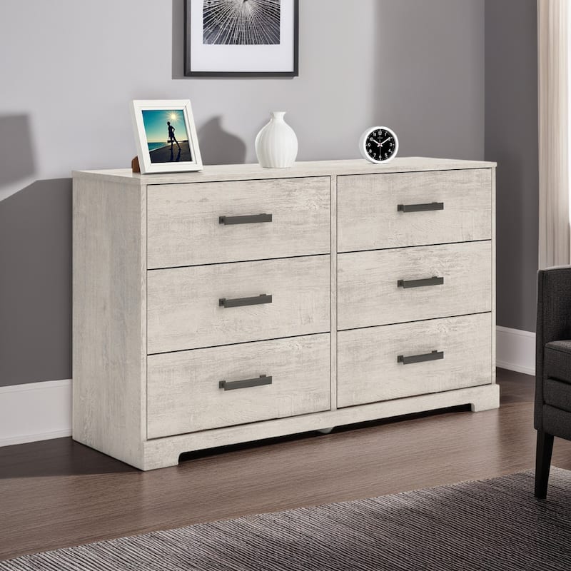 Shawn Wide Dresser, 6 Drawers, Black Handles, Light Gray Wood, 59 Inch