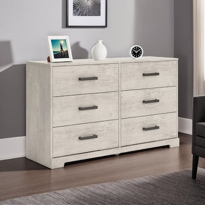 Shawn Wide Dresser, 6 Drawers, Black Handles, Light Gray Wood, 59 Inch