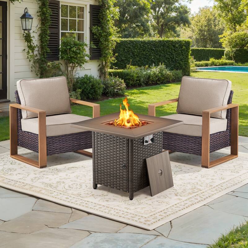 Meyreso 3-Piece Wicker Patio Conversation Set with Fire Pit & Plush 4.5" Olefin Cushions