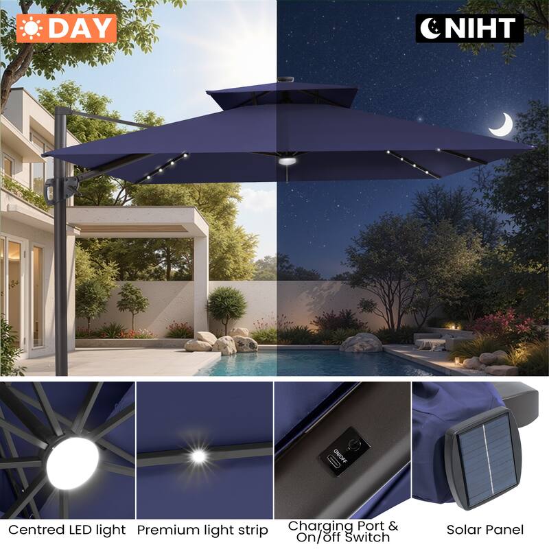 12 x 9 FT Outdoor Patio Cantilever Umbrella with Solar Lights Double Canopy 360 Rotation Tilt with Base