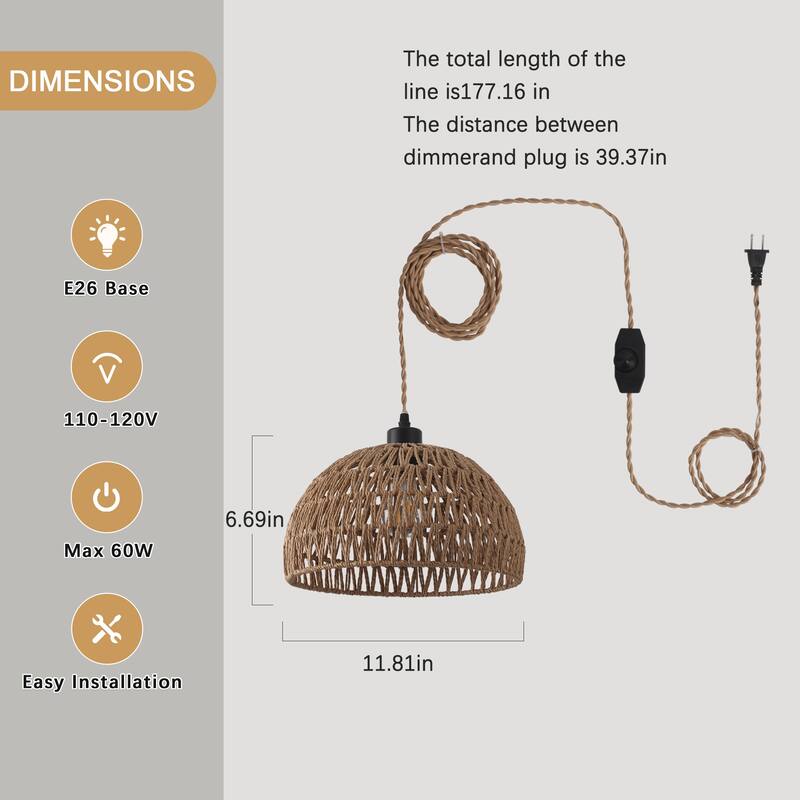 Plug in Handwoven Hemp Rope Lampshade Pendant Light with On/Off Switch