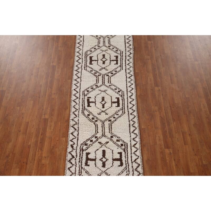 Beige Tribal Anatolian Runner Rug Hand-knotted Wool Carpet - 3'1"x 12'7"