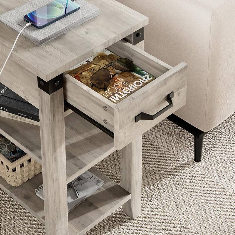End Table with USB Ports and Outlets, Flip Top Side Table Narrow