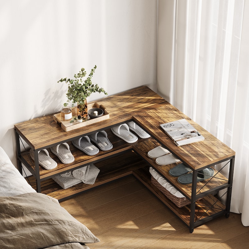 39.4" L-Shaped Shoe Rack Bench, 3-Tier Entryway Corner Bench with Shoe Storage