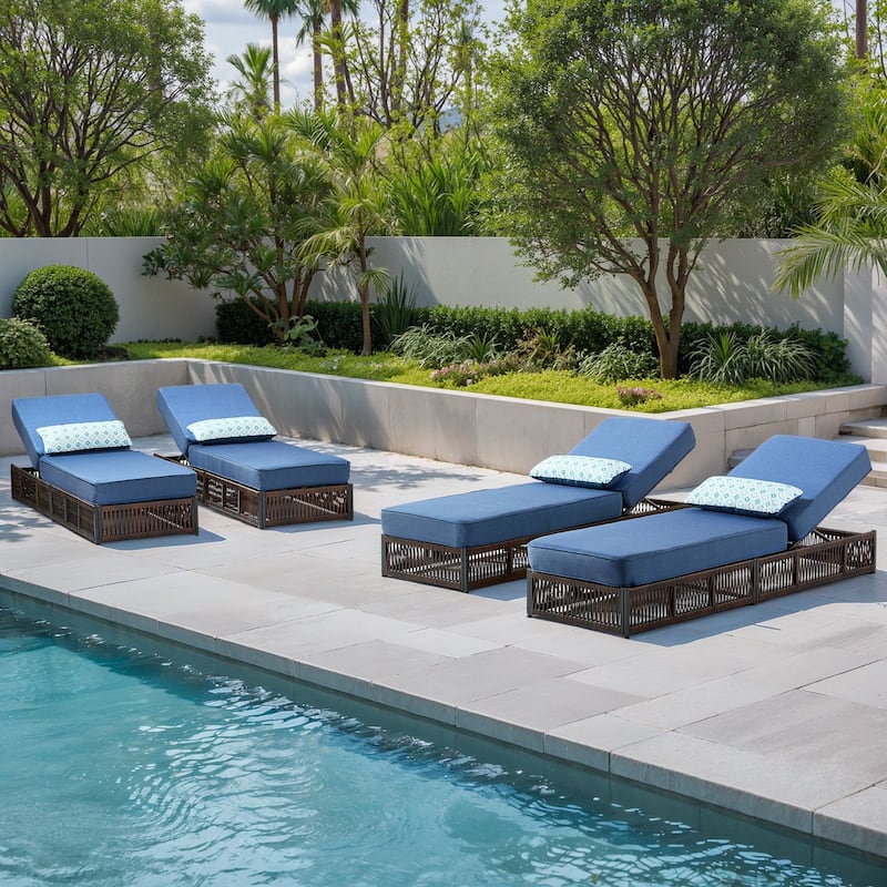 Gymojoy Outdoor Patio Chaise Lounge Chair, Luxury Rattan Recliner with 6-Position Backrest & 5-Inch Thick Cushions Set of 4