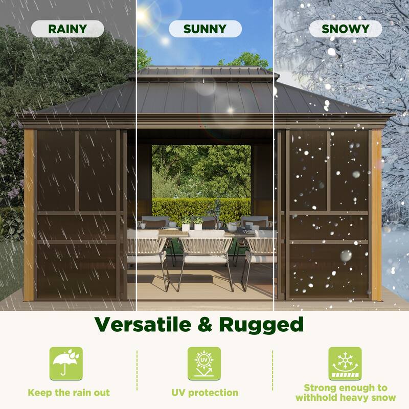 Erommy Outdoor Solarium Sunroom, Patio Hardtop Gazebo, Aluminum Frame Permanent Gazebo with Sliding Doors and Screens