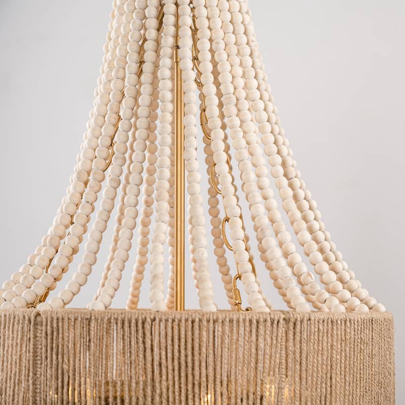 4-Light Bohemian Woven Hemp Rope Wood Beads Empire Chandelier