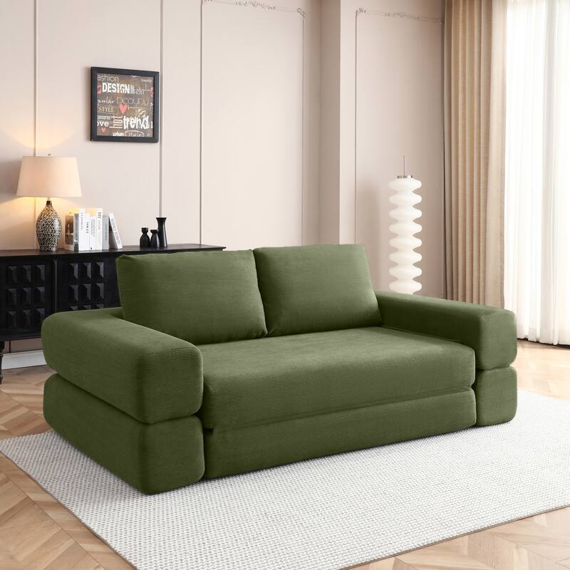Anmytek 81 Inch Convertible Sofa Bed 3 in 1 Folding Floor Couch Corduroy Sleeper Mattress with Pillows Green