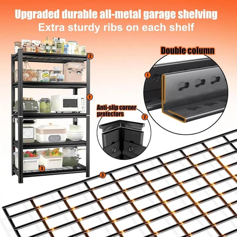5-Tier Black Metal Storage Shelving Unit with Adjustable Horizontal Shelves for Garage or Kitchen - 35.40”L x 15.70”W x 71.20”H