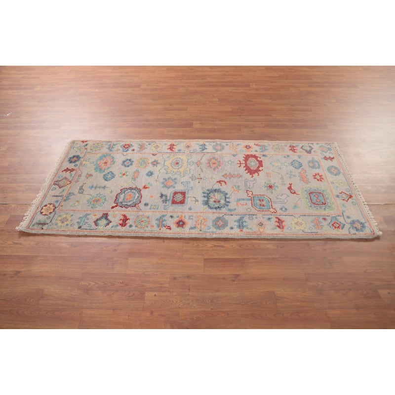 Transitional Floral Oushak Accent Rug Hand-Knotted Grey Wool Carpet - 2'8"x 5'11"