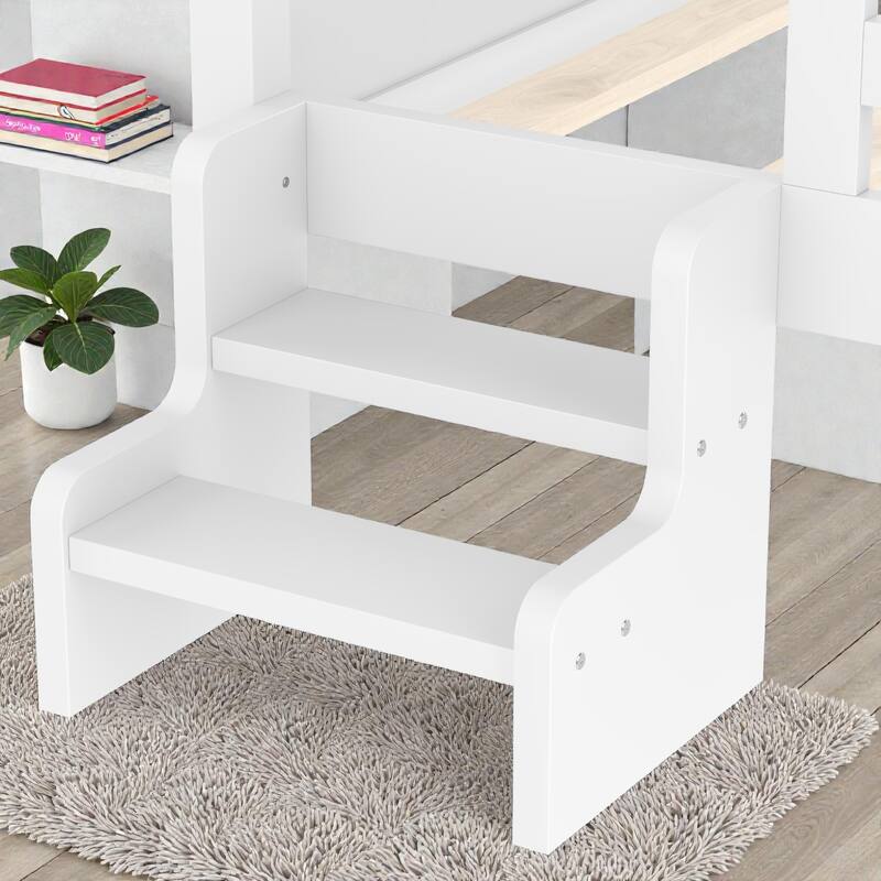 Kids House Platform Bed with Stairs, Star Roof, Window, Bookcase & Blackboard, Solid Wood Low Profile Bed No Box Spring