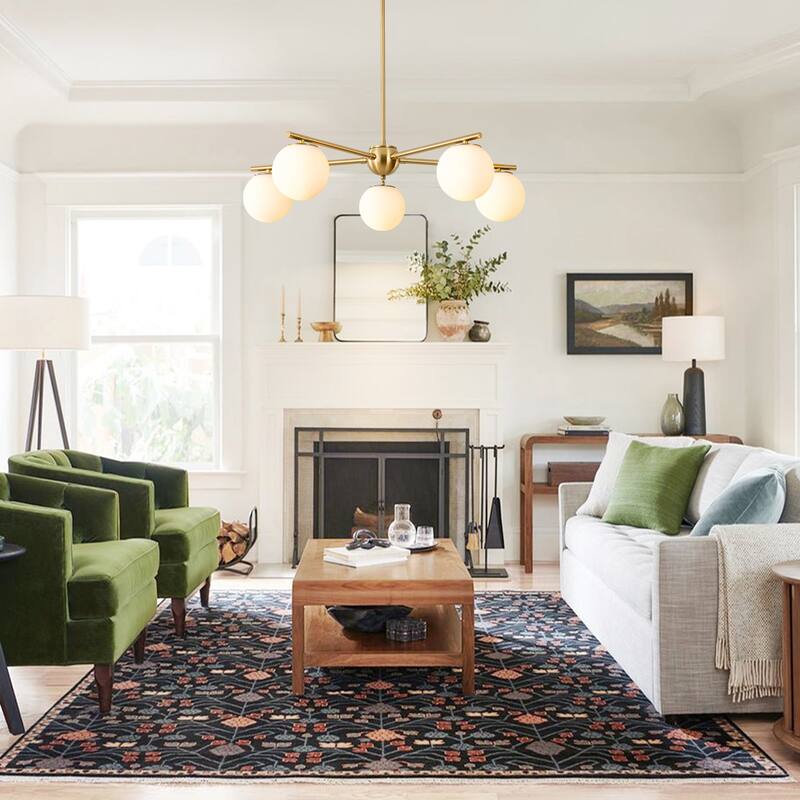 5-Light Brass Globe Chandelier, Modern Mid-Century Pendant for Living Room & Dining Room - 5 Light