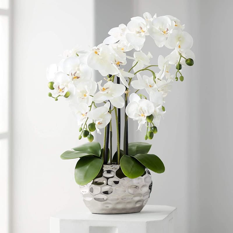 Artificial Orchid Phalaenopsis Plant Including Metallic Vase, 24"