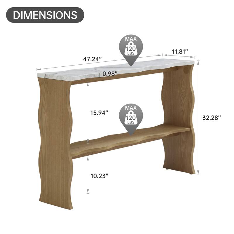 47.24" Whisper of Waves Modern Console Table / White Marble-Pattern Top, Solid Wood Veneered Sofa Table / Open Storage Shelf