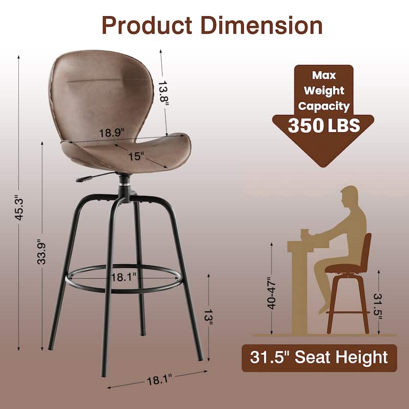 Javlergo 2/4/6 Pack Bar Stools Brown Mid Century Modern PU Leather 360° Swivel & Ring Footrest Kitchen Island Barstools
