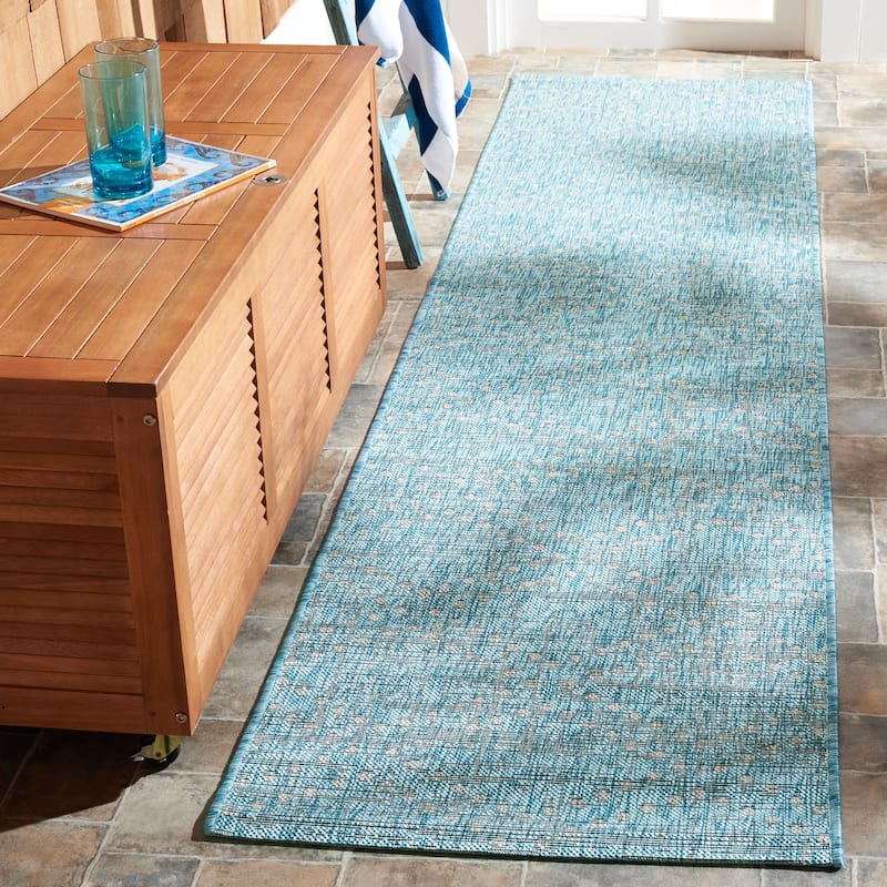 SAFAVIEH Courtyard Zainab Indoor/ Outdoor Waterproof Patio Backyard Rug - 2'2" x 9' Runner - Aqua/Grey