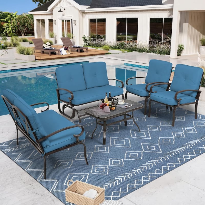 5-Piece Outdoor Patio Conversation Set Glider Loveseat and Rocker with Cushions - Blue