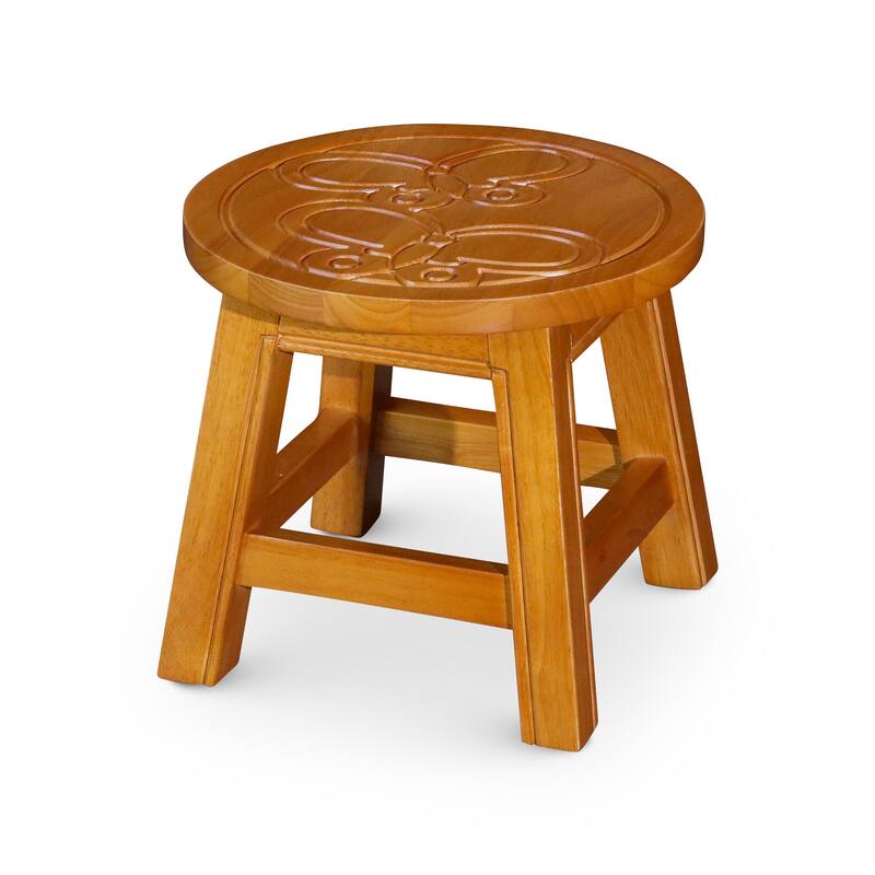Carved Wooden Step Stool, Butterflies, Natural - Natural