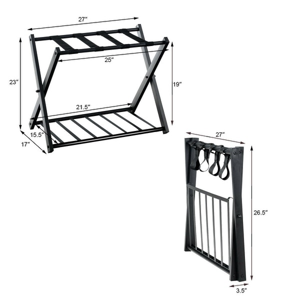 Folding Collapsible Travel Luggage Rack with Black Nylon Straps Black Set of 2, Black