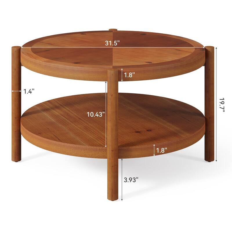 31.5" Solid Wood Round Coffee Table with Storage Shelf