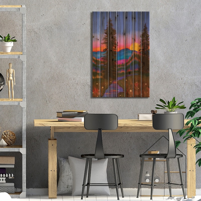 Sunset In The Woods Print On Wood by Olivia Bürki - Multi-Color