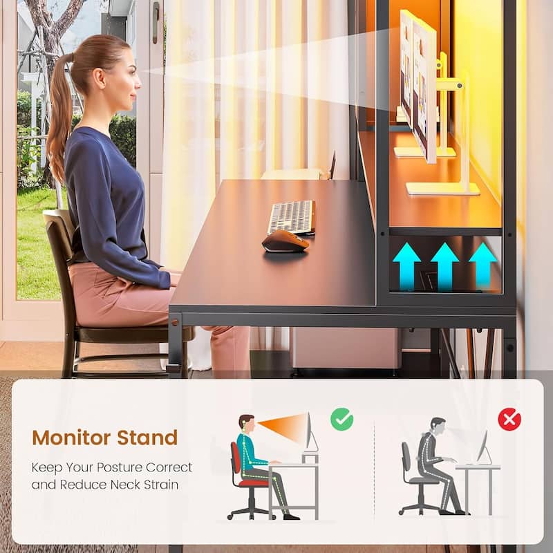 Gaming Desk LED Lights Hutch and Storage Shelves Glass Display Cabinet