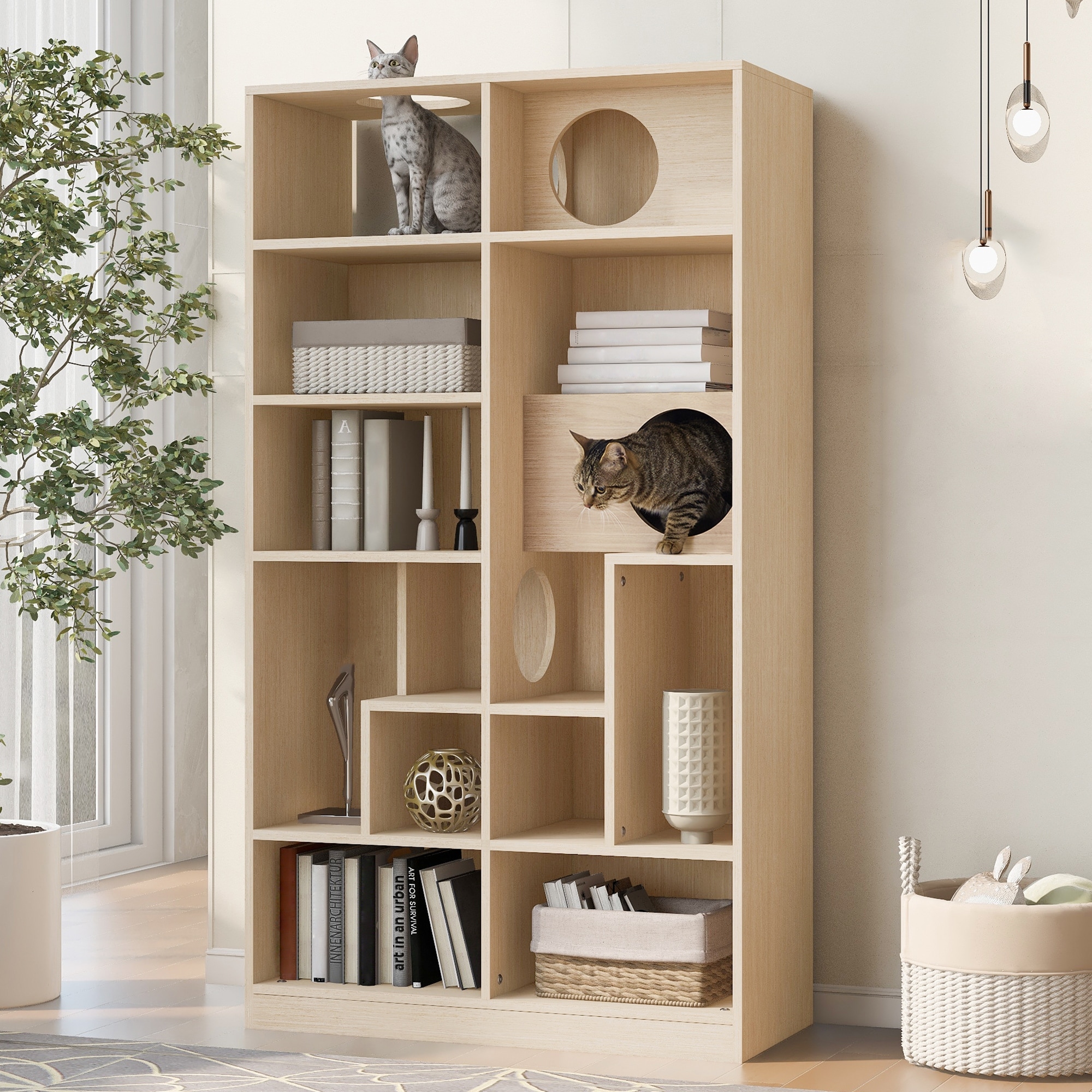 63.5" Tall Bookcase with Storage, Furniture Style Cat Tree Tower, Freestanding Display Cat Tree, Multifunctional Open
