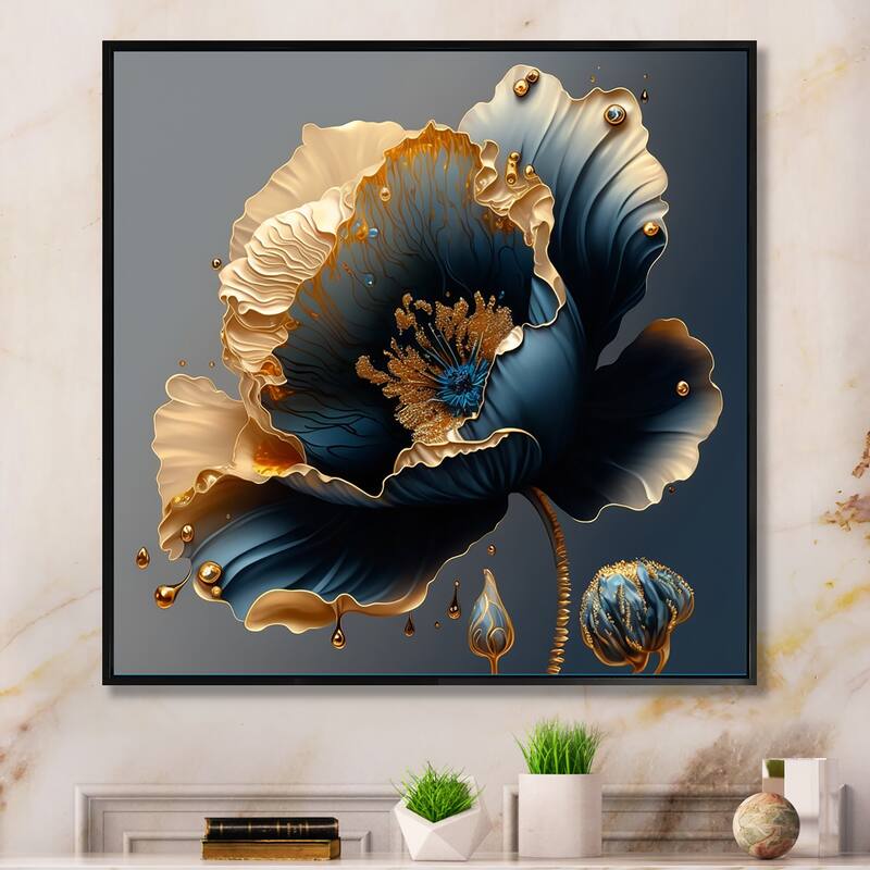 Designart "Deep Blue And Gold Single Flower IV" Floral & Botanical Framed Canvas Art Print - 24 in. wide x 24 in. high - Black