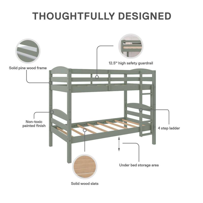 DHP Brady Solid Wood Twin-over-Twin Convertible Bunk Bed