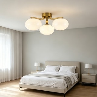 3-Light Modern Semi-Flush Mount Ceiling Light with Milky Flat Sphere Glass Shades - 22.44"