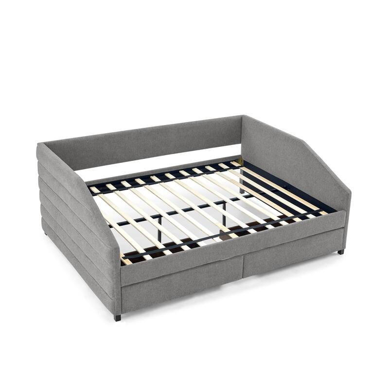 Linen Fabric Upholstered Daybed with Pull-Out Trundle or Storage Drawers, Tufted Sofa Bed Frame with Wood Slat Support