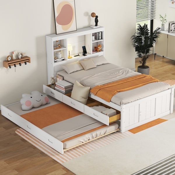 slide 2 of 11, Twin Size Platform Bed with Storage Headboard & 3 Drawers, Wooden Bedframe w/ Twin Size Trundle & Charging Station-Antique Brown