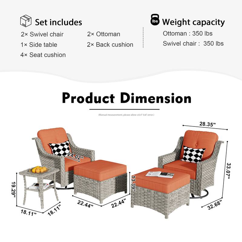 HOOOWOOO 5-piece Rattan Outdoor Furniture Patio Swivel Chair Chat Set with Ottoman