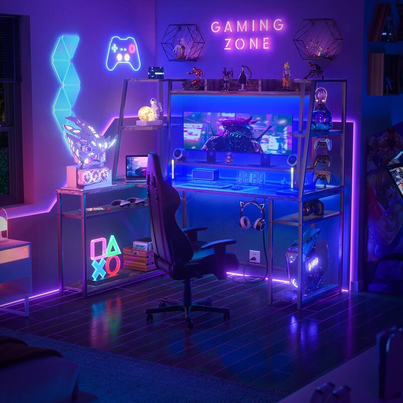Ultimate L-Shape Gaming Desk with Hutch & Shelves, Reversible Computer Desk with LED Lights & Charging Station
