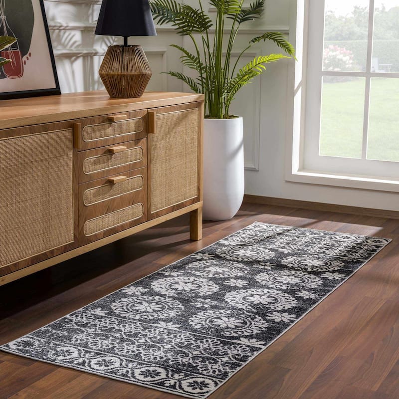 Hauteloom Kahramankazan Hallway, Kitchen Machine Washable Runner Rug - Black, Gray, Light Gray - 2'7" x 7'3" - 2'7" x 7'3" - Black, Gray, Light Gray / Kahramankazan
