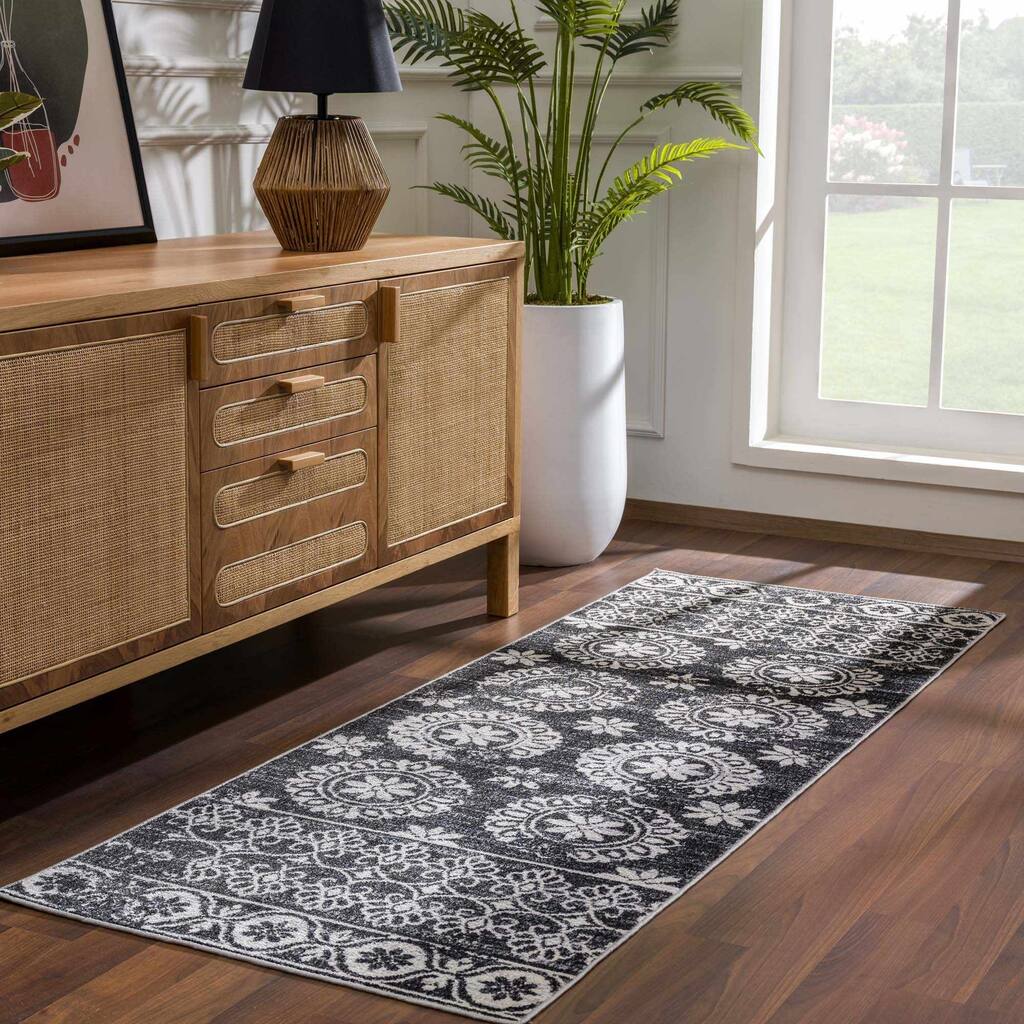 Hauteloom Kahramankazan Hallway, Kitchen Machine Washable Runner Rug - Black, Gray, Light Gray - 2'7" x 7'3"