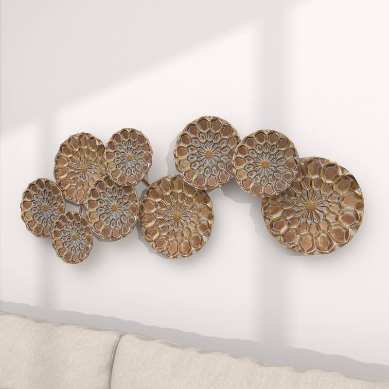 Gold Metal Embossed Floral Plate Home Wall Decor with Teal Accents