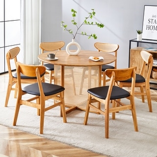 Modern 7-Piece Round Dining Table and Chair Set with Solid Wood Dining ...