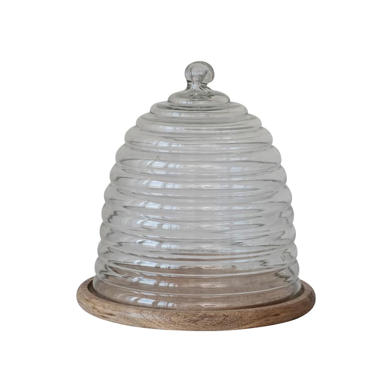 Reclaimed Etched Glass Beehive Shaped Cloche with Mango Wood Base - 11.0"L x 11.0"W x 11.5"H - 11.0"L x 11.0"W x 11.5"H - Clear