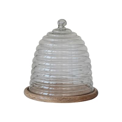 Reclaimed Etched Glass Beehive Shaped Cloche with Mango Wood Base - 11.0"L x 11.0"W x 11.5"H - 11.0"L x 11.0"W x 11.5"H