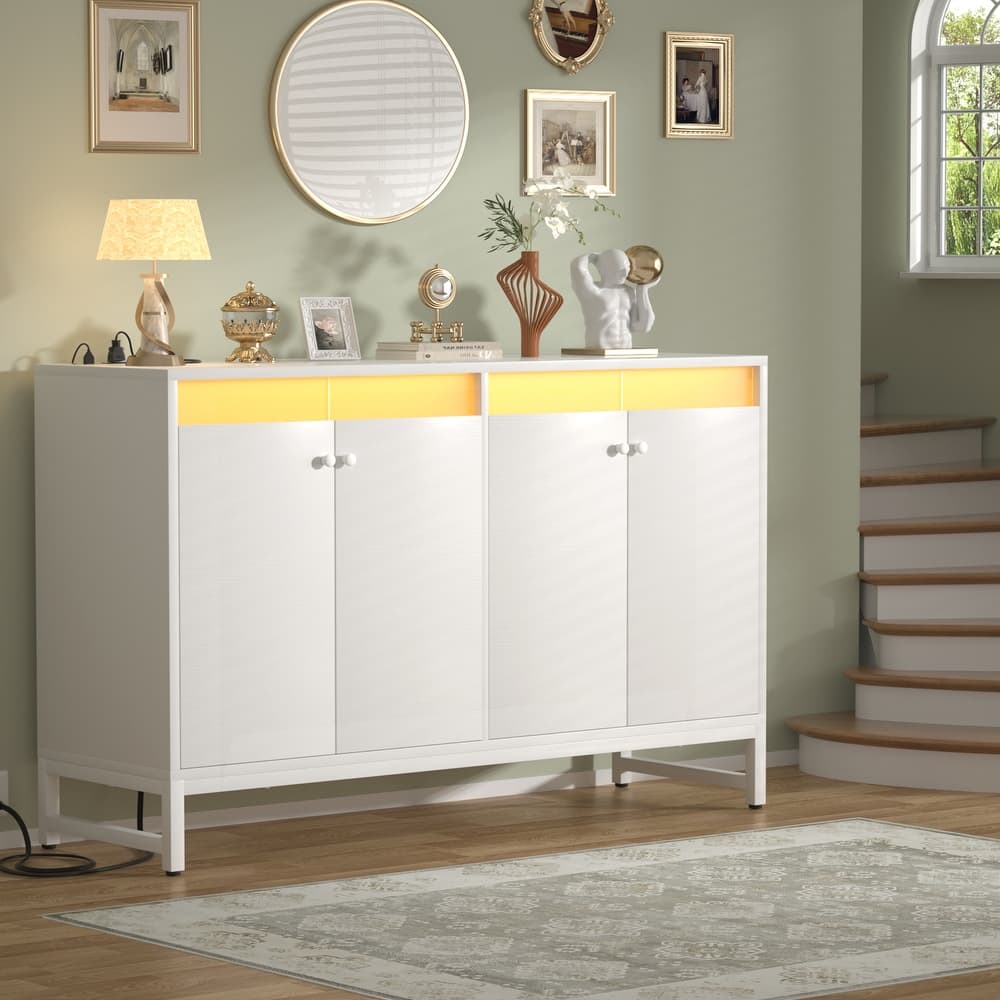 4 Doors Accent Cabinet with Power Outlet, Buffet Cabinet Storage Bar Cabinet with LED Light