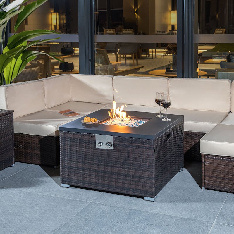 GDFStudio - Solana Outdoor Square Propane Fire Pit Table with Glass Rocks - Brown