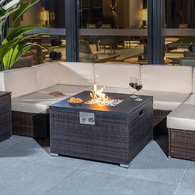 Outdoor Gas Fire Pit Square Dark Brown Wicker